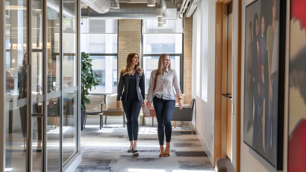 front-view-two-young-businesswomen walking together corridor modern office