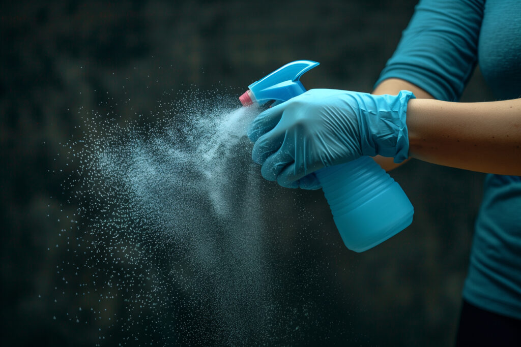 woman is spraying blue bottle cleaning solution